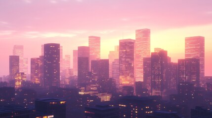 Fototapeta premium City skyline at sunset with vibrant colors.