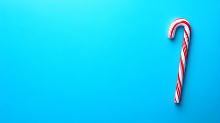 Festive candy cane on a vibrant blue background, perfect for holiday cards, blogs, or websites. Minimalist design with copy space.