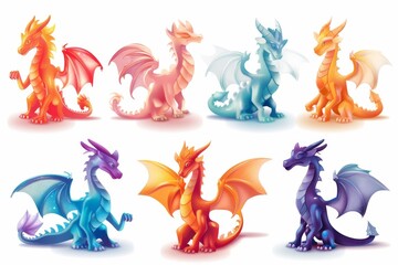 Fototapeta premium Dragons icon set, dino symbols, 3d realistic dinosaurs isolated, monster animals