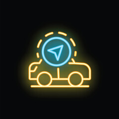Bright neon icon of a yellow car with a blue location pin overhead, representing a car sharing service