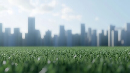 City skyline with green grass foreground.