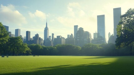 Fototapeta premium City skyline with green park and bright sky.