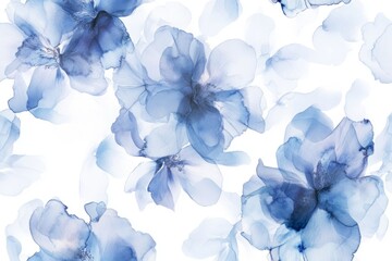 Seamless pattern with blue flowers painted in watercolor style on a white background, elegant floral design
