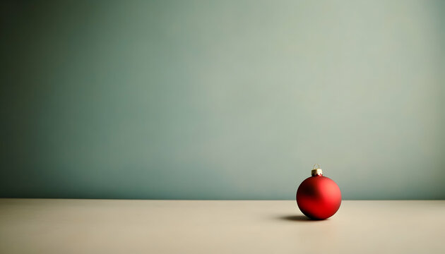 Minimalist Christmas image featuring a single, red bauble on a neutral surface against a muted green background. Perfect for holiday greetings or winter themes.