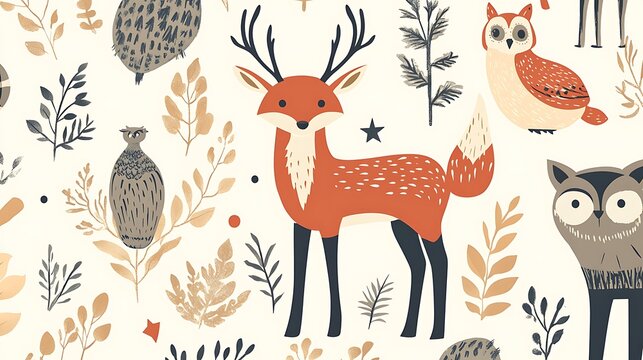 A seamless pattern of vectorized forest animals, including a fox, deer, and owl, drawn in a modern flat style with earthy tones. 