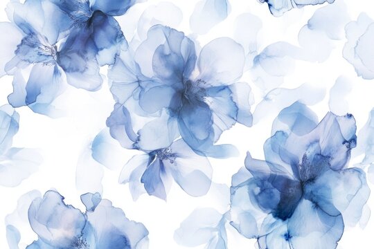 Fototapeta Seamless pattern with blue flowers painted in watercolor style on a white background, elegant floral design 