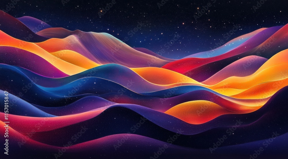 Poster a beautiful abstract background with colorful waves and stars in the sky, creating an enchanting atm