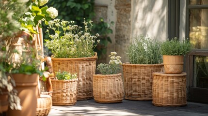 Fototapeta premium Aesthetic Garden Scene with Woven Baskets and Fresh Green Plants