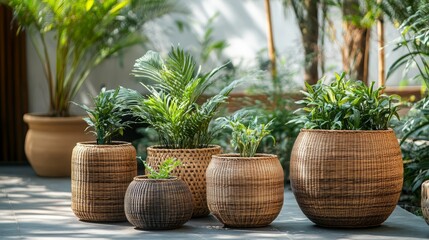 Lush Indoor Plants in Decorative Woven Planters on Modern Patio