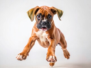 Obraz premium Playful Brown Boxer Puppy Mid-Air Jump Studio Portrait - Minimalist Photography