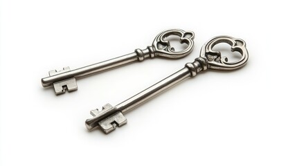 Two antique silver house keys isolated on a clean white background showcasing their unique design and intricate details.