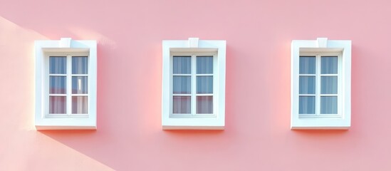 Fototapeta premium White window set upside down among pastel pink windows on a soft pink wall minimalist design with ample copy space for creative use