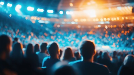 Excited young fans in a blurred indoor arena cheering for their team during a championship match showcasing sports competition atmosphere