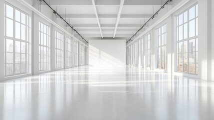 Obraz premium Empty white industrial loft with city view.