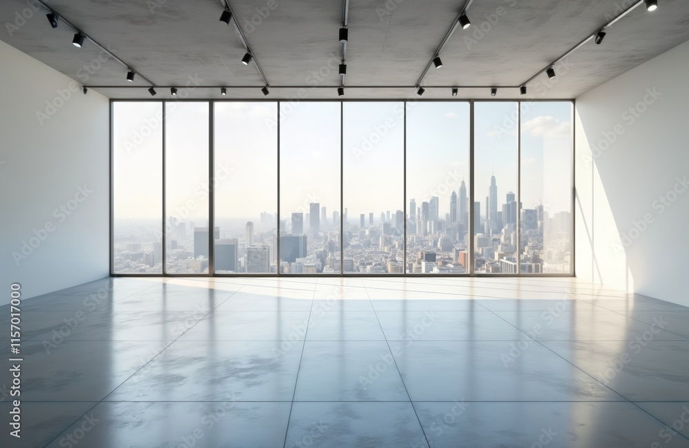 Poster Empty modern gallery space with city view. Sunlight streams into room. Sleek design with large windows. Stylish interiors. Minimalist aesthetic. Perfect for art advertising. Interior shot of