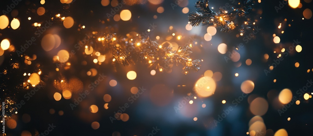 Poster bokeh lights creating a festive atmosphere with an unfocused christmas tree garland for a joyful hol