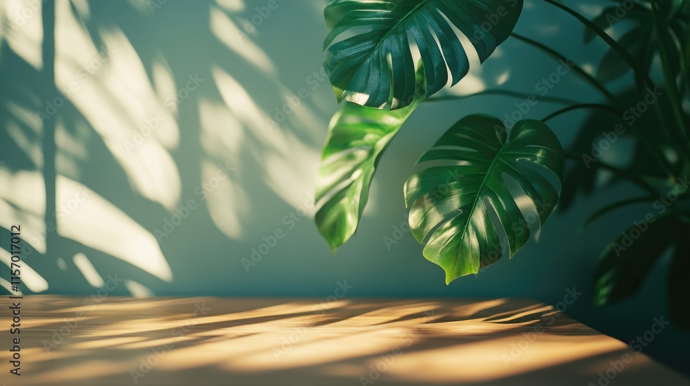 Aufkleber sunlit wood table casting leaf shadows on wall with blurred indoor green plants creating a warm ambi