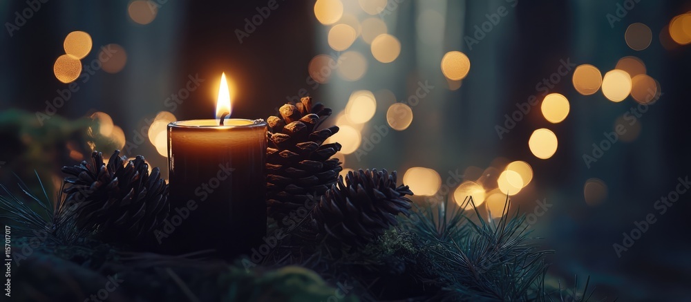 Poster candles illuminated with pine cones in a serene forest setting featuring a blurred bokeh light backd
