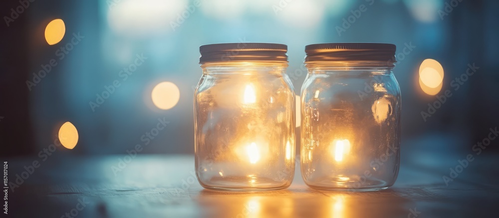 Poster two illuminated glass jars with warm reflections creating a cozy atmosphere in soft white light agai