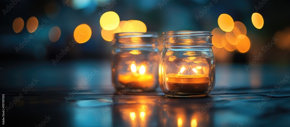Poster warm glowing candles in glass jars creating a cozy atmosphere with soft reflections and ambient ligh