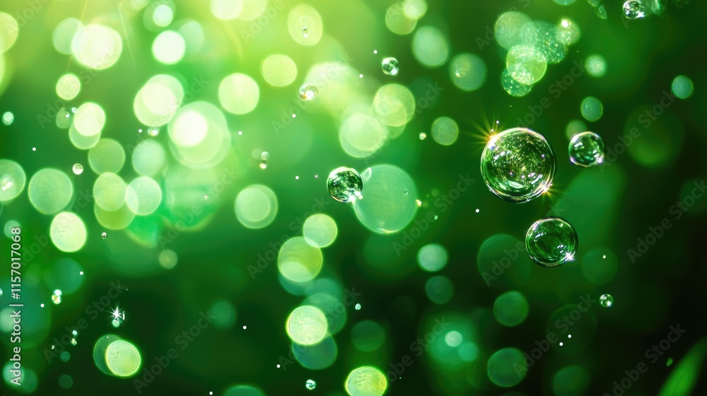 Poster underwater bubbles and bokeh effect with sunlight creating sparkling light in clear green water back