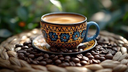 Fototapeta premium Espresso in ornate cup on coffee beans.