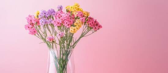 Obraz premium Colorful statice flowers in a clear glass vase on a soft pink background ideal for home decor and floral design inspiration