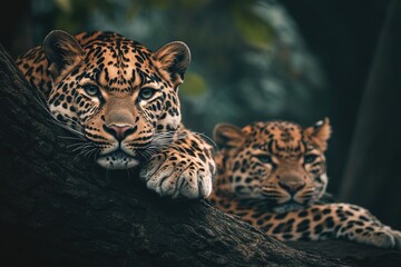 Naklejka premium Two leopards sitting on a tree trunk
