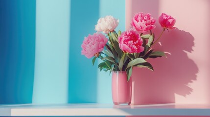 Obraz premium Vibrant pink peonies in a vase on a shelf against blue and pink geometric wall backdrop highlighting floral elegance and color contrast