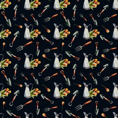 Obraz premium Spring garden tools and tulips pattern for textile and wrapping paper design