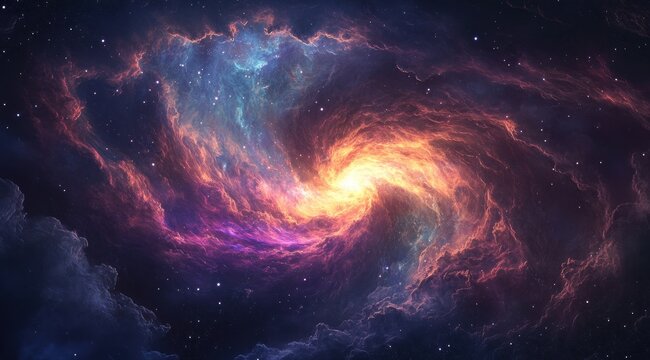 A massive, swirling nebula with multiple colors and shapes, resembling an elegant cloud formation in space. 