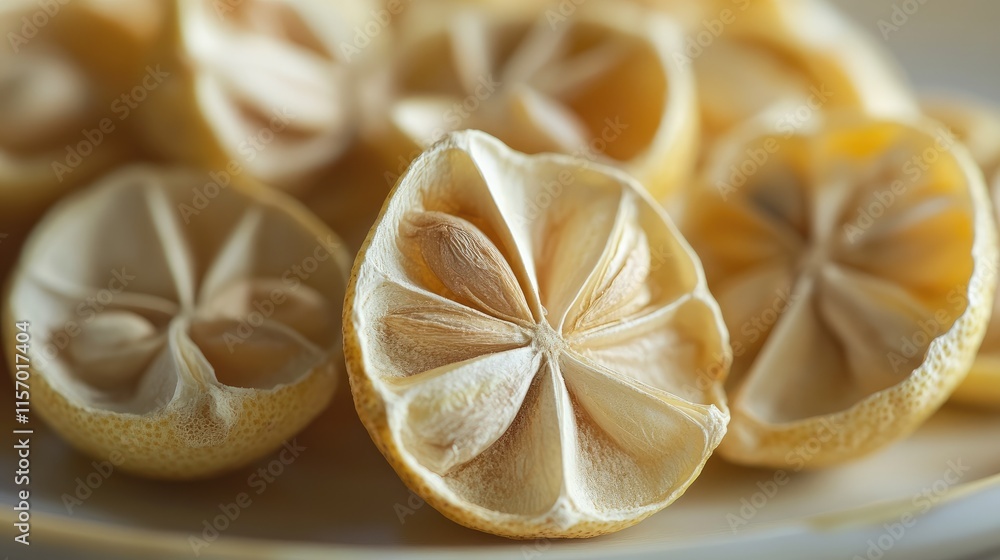 Poster close up of dry lemon seeds on a plate highlighting texture and details of citrus seeds in a natural