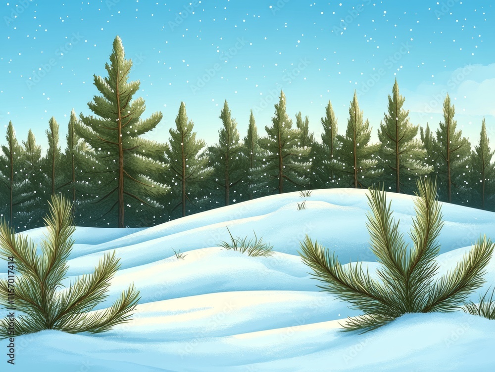 Poster snowflakes create a winter wonderland around fir trees and form beautiful drifts in a forest. the en