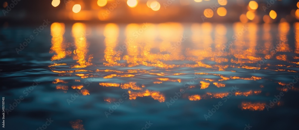 Poster vibrant golden bokeh reflections on water surface creating an enchanting atmosphere for creative gra