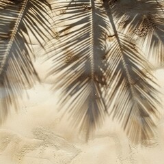 Obraz premium Palm tree shadows on sandy beach texture background, palm branch beige ocean dune wallpaper