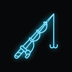 Neon icon of fishing rod with line and hook glowing on black background