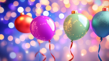 Colorful balloons floating in festive atmosphere.