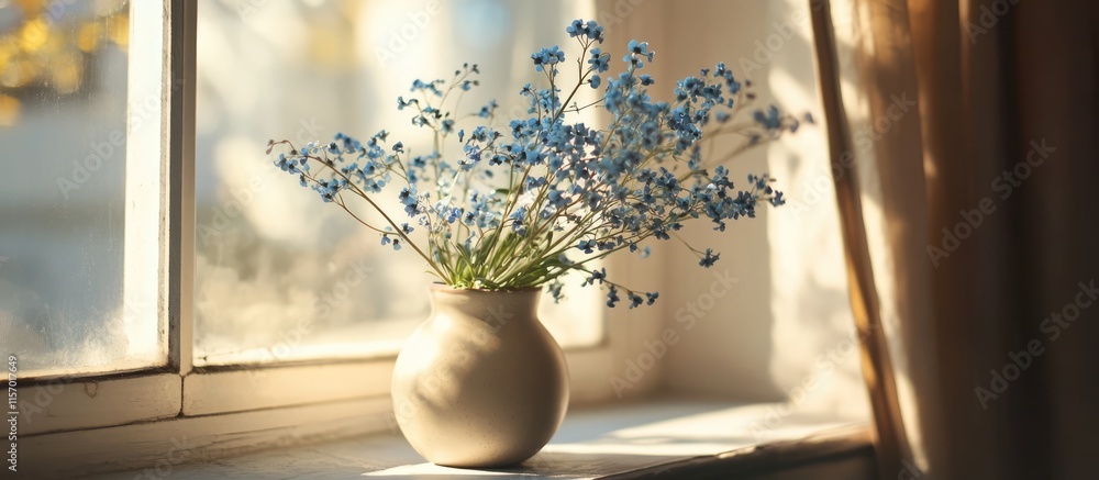 Poster delicate forget-me-not flowers in a warm vase on a sunlit window sill creating a serene and inviting
