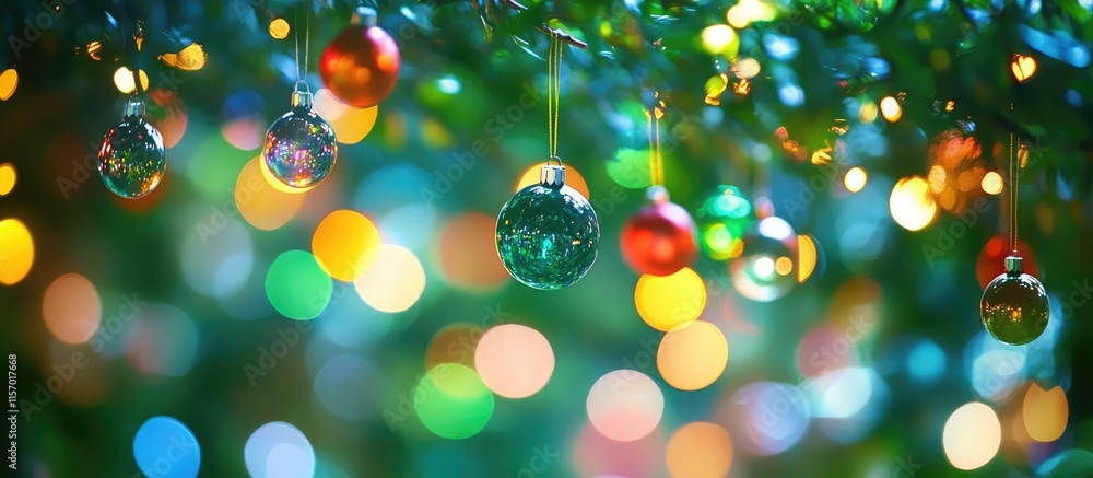 Poster colorful ornaments on a green tree with shimmering bokeh lights creating a festive atmosphere for ho