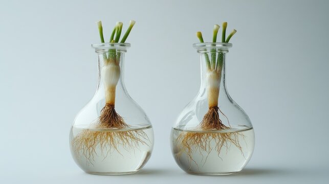 Sprouted bulbs in glass flasks showcasing extensive roots with water on a white background closeup for botanical and scientific themes