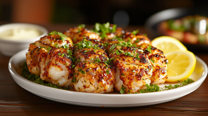 A plate of buttery lobster tail with garlic and herbs