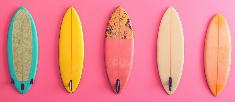 Colorful mini surfboards displayed on vibrant pink backdrop showcasing summer vibes and playful beach aesthetics. Perfect for surf enthusiasts.