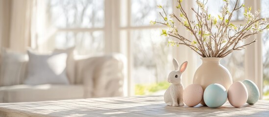 Springtime decoration with vase of branches colorful eggs and decorative rabbits on a wooden table in a bright airy living room setting