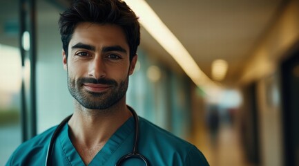 A portrait of male doctor in scrubs, with a stethoscope around his neck and looking directly at the camera