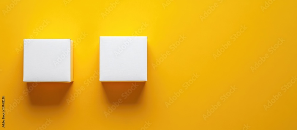 Aufkleber two white square boxes on vibrant yellow background top view with ample copy space for branding or p