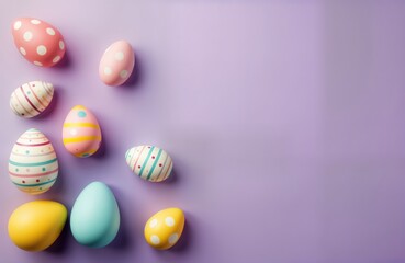 Multicolored Easter eggs with stripes, dots arranged on pastel purple background. Top view of decorative eggs creates vibrant spring holiday design. Colorful egg design perfect for Easter cards,