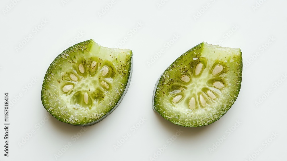 Poster decayed cucumber segments showcasing texture and color on a clean white background for food and heal