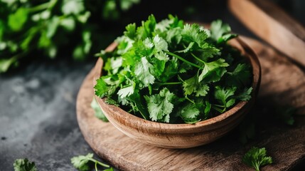 Freshly harvested hydroponic coriander leaves in a rustic wooden bowl on a dark textured background. Ideal for culinary or gardening themes.