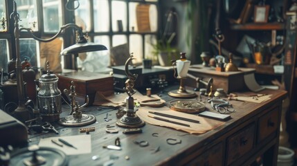 A cluttered wooden table with glasses, bottles, watches, and more in a room filled with sunlight. Personal belongings or antiques creating a cozy, reflective atmosphere.