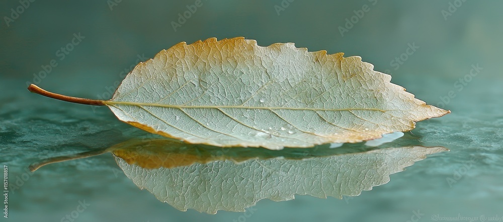 Poster a close-up of a leaf resting on a reflective surface, showcasing its texture and details.
